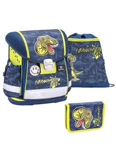   Belmil modrá chlapčenská školská taška s tyrannosaurom + taška na telocvik + peračník
